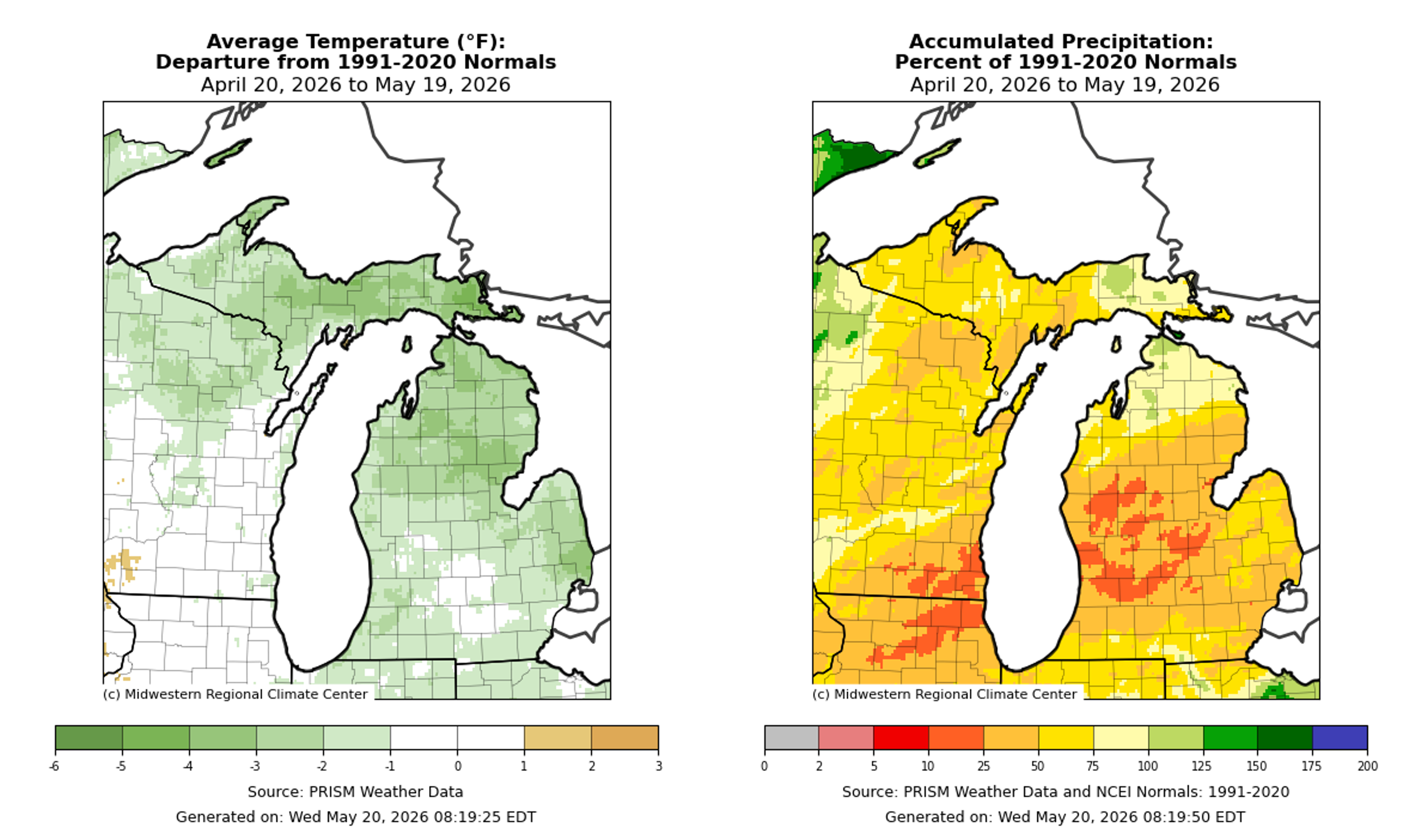 Side-by-side maps of Michigan showing average temperature departures and accumulated precipitation percentages from April 20 to May 19, 2026, with most areas slightly cooler than normal and drier than normal conditions across much of the state.